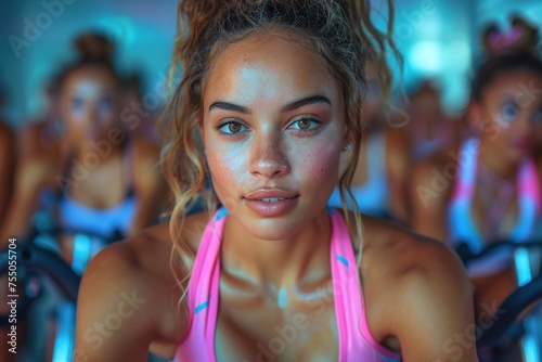 In a vibrant display of female empowerment, a group of sporty girls ride exercise bicycles with enthusiasm, showcasing their commitment to staying active and strong