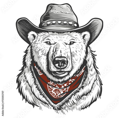 Polar bear Head wearing wearing cowboy hat and bandana around neck