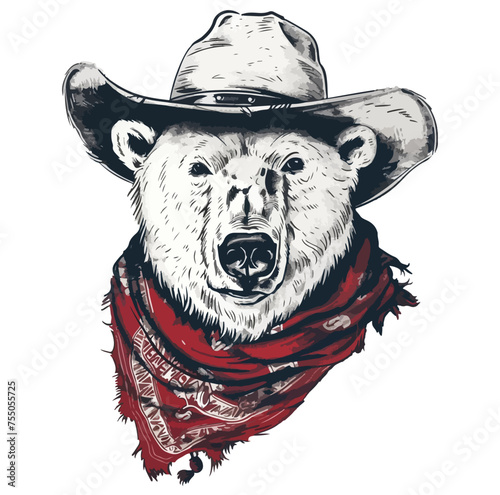 Polar bear Head wearing wearing cowboy hat and bandana around neck