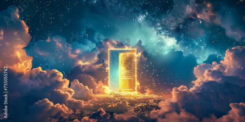 This photo captures an open door suspended in the middle of a sky filled with fluffy cumulus clouds. The door appears surreal as it seemingly leads to the vast expanse of the sky beyond