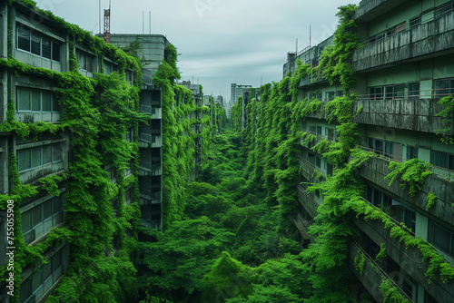 A lush, overgrown city reclaimed by nature