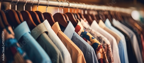 This image showcases a row of shirts hanging on a rail in a blur storage closet. The shirts are of a fashionable male style, neatly organized on the rack.