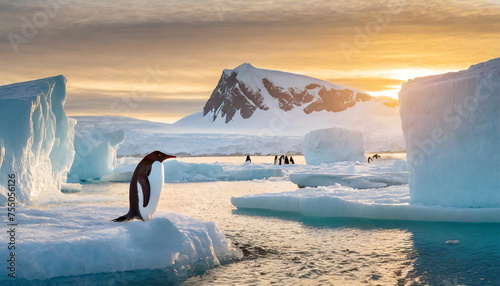 Emperor penguin (Aptenodytes forsteri) colony with sunrise glistening off icebergs.