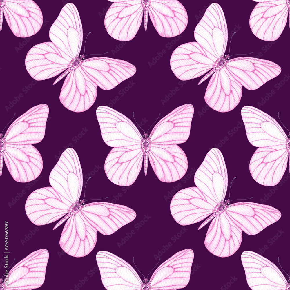 Fototapeta premium Watercolour Butterflies with pink wings illustration seamless pattern. Hand-painted elements insect. Hand drawn delicate insects. On purple background. For decoration, postcard, fabric, wrapping paper