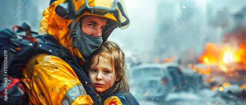 Brave Firefighter Rescuing Child from Hazard.