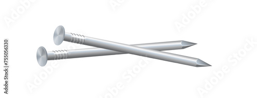 Nails hammered into wall steel straight and bent metal hardware spikes. Hobnails with grey caps top view isolated on transparent background. Vector