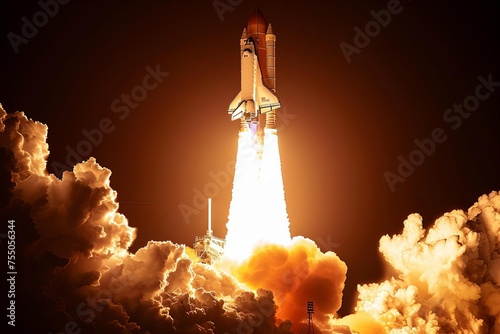 Space shuttle launch into the night Symbolizing exploration and innovation Majestic liftoff scene photo