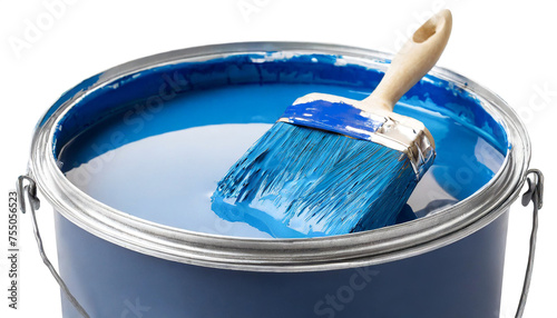 Paint bucket and Paint brush with blue paint isolated on white background, cropping