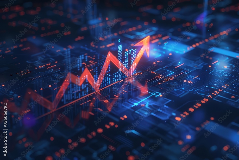 Fototapeta premium Abstract financial chart with upward trend arrow Symbolizing digital transformation and economic growth in a tech-driven world