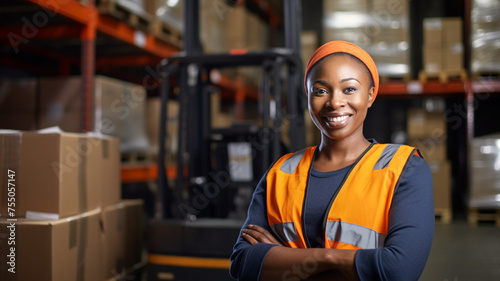 Portrait of an african american female worker at the factory storage business warehouse. Box at large warehouse in modern factory. Packaging in factory or warehouse.