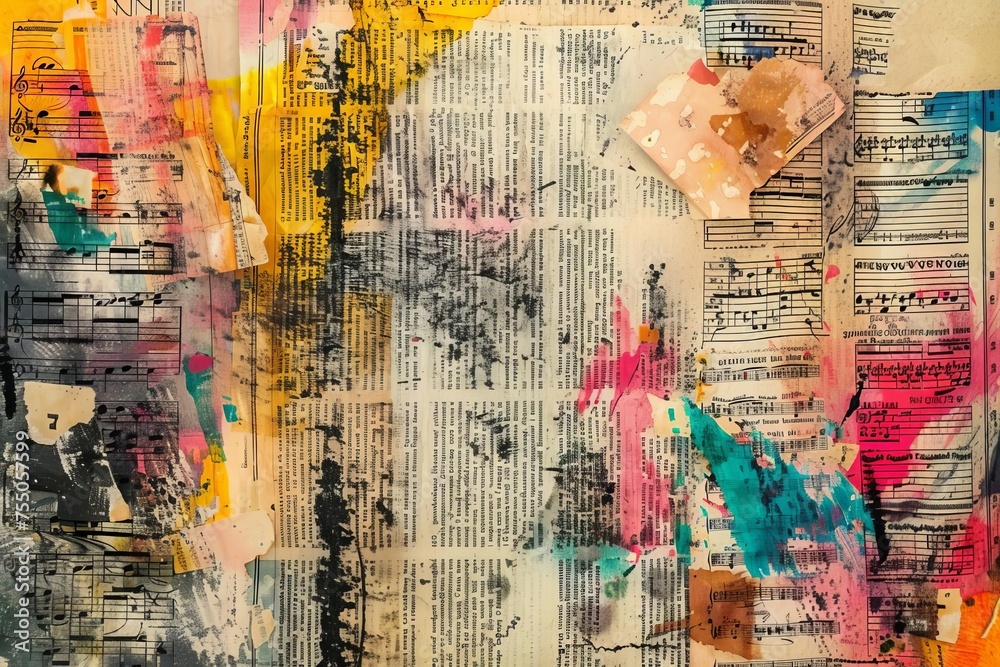 Creative texture made from a collage of vintage book pages Vibrant splashes of paint And handwritten notes Evoking a retro yet modern artistic feel.