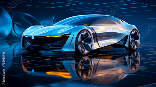 Blue Light Futuristic Electric Car: Hyperrealistic Scene with Cutting-Edge Design created with Generative AI technology