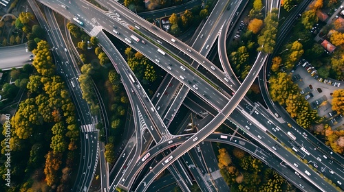 Autumn Highway Intersection in Complexity Theory Style, To showcase the beauty and complexity of urban infrastructure in autumn
