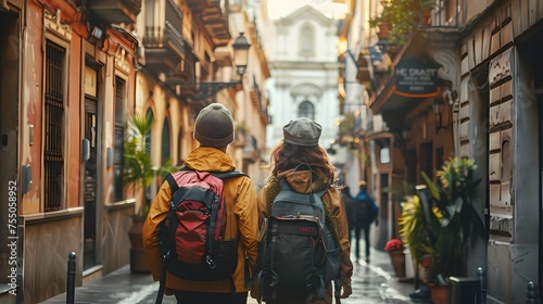 Backpackers Exploring Colorful Spanish City Streets, To depict the adventure and cultural experience of backpacking in Spain, appealing to travelers photo