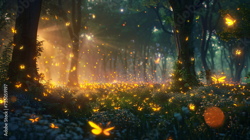 Radiant fireflies lighting up a magical forest