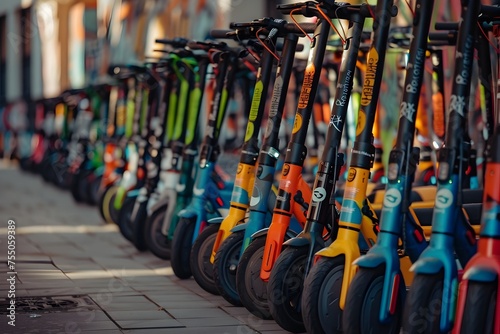 Colorful Electric Scooters in Chaotic Arrangement, To convey a sense of modern urban mobility and the bold, colorful design of electric scooters