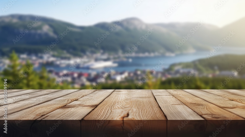 The empty wooden brown table top with blur background of Norway in summer. Exuberant image. generative AI