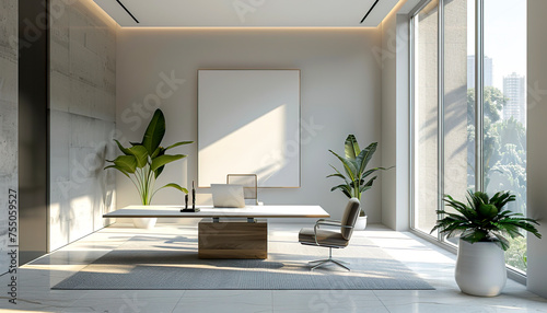 Zen Office: A Minimalist Approach to Light Space Interior Design Decoration created with Generative AI technology
