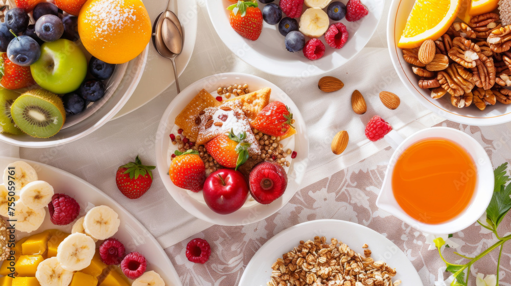 Healthy breakfast on a wood table surface. top view. health food, fitness food. low fat, low calorie. Healthy breakfast on a wood table surface. top view. health food, fitness food. low fat, low calorie.