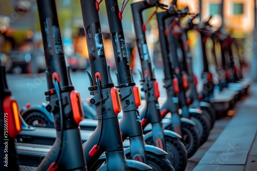Electric Scooters Lined Up on a City Street, To show the convenience and popularity of electric scooters as a mode of transportation in urban areas photo