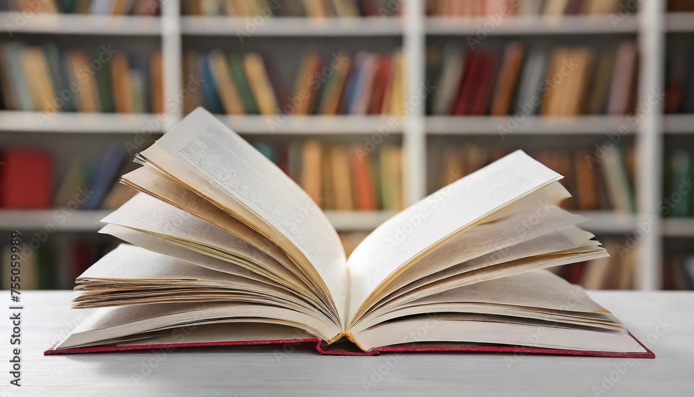 Open book on white table with blurred library background. Open book on white table with blurred library background.