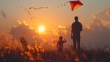 Father and Child Flying Kite in the Sun, To depict a joyful and emotional moment between a father and child, perfect for family-oriented campaigns