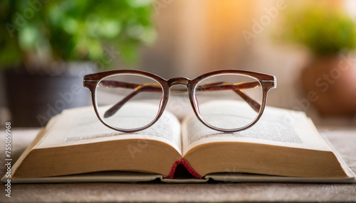 Close-up shot of reading glasses on book. Education concept.