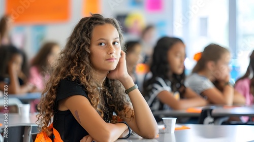 Girl in Orange School Uniform in Classroom, To convey a message of empowerment and achievement in an academic setting photo