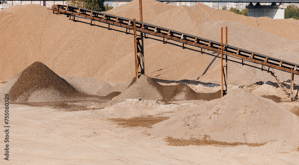 Sand quarry banner, Industrial plant with belt conveyor in open pit mining. Construction site, Industry machine for stone crusher - obrazy, fototapety, plakaty 
