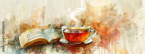 Double exposure of cup of tea and book with music, harmonizing the rich notes of the drink with the symphony of melodies. Water color paintingstyle.