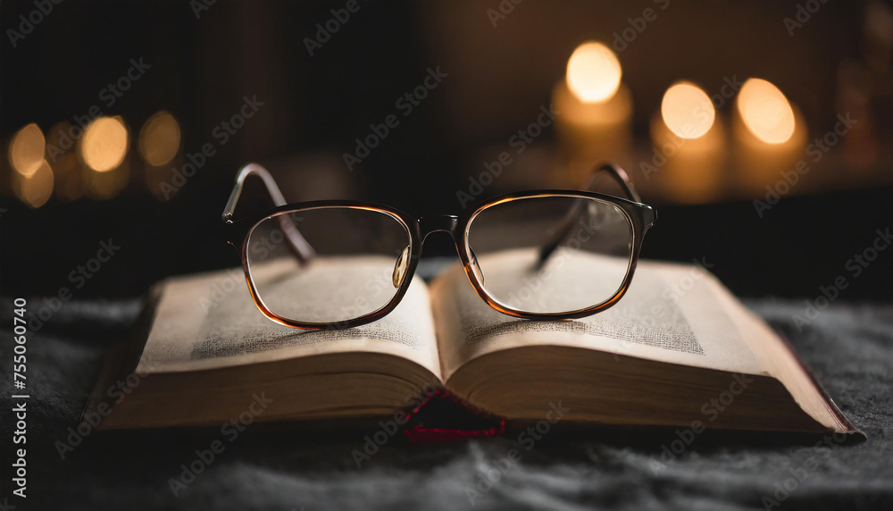Reading glasses on book. Education concept. Dark blurred background Reading glasses on book. Education concept. Dark blurred background