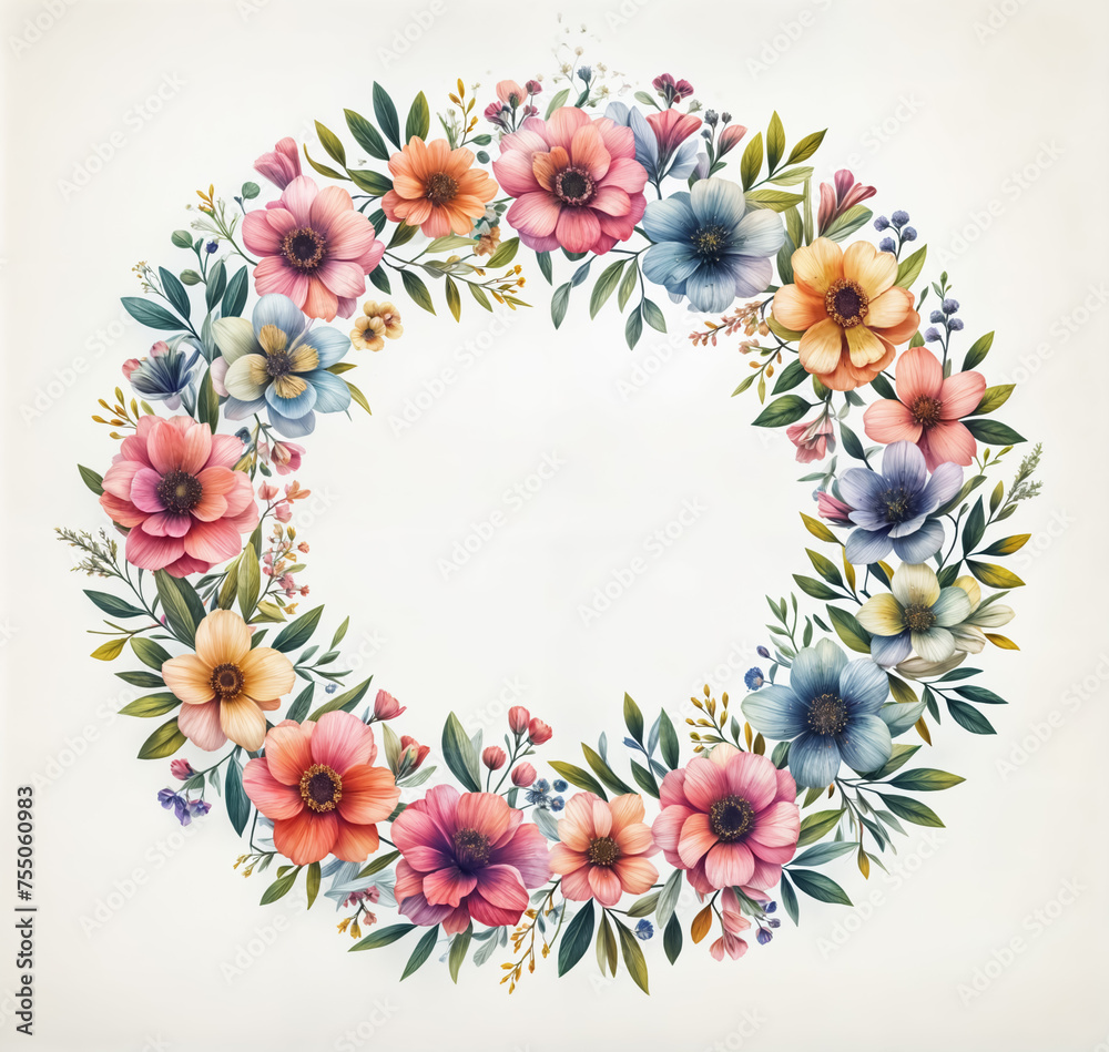  A circular arrangement of colorful flowers and leaves, creating a wreath-like shape on a white background. Spring, card, greetings, invitation, banner, wedding.