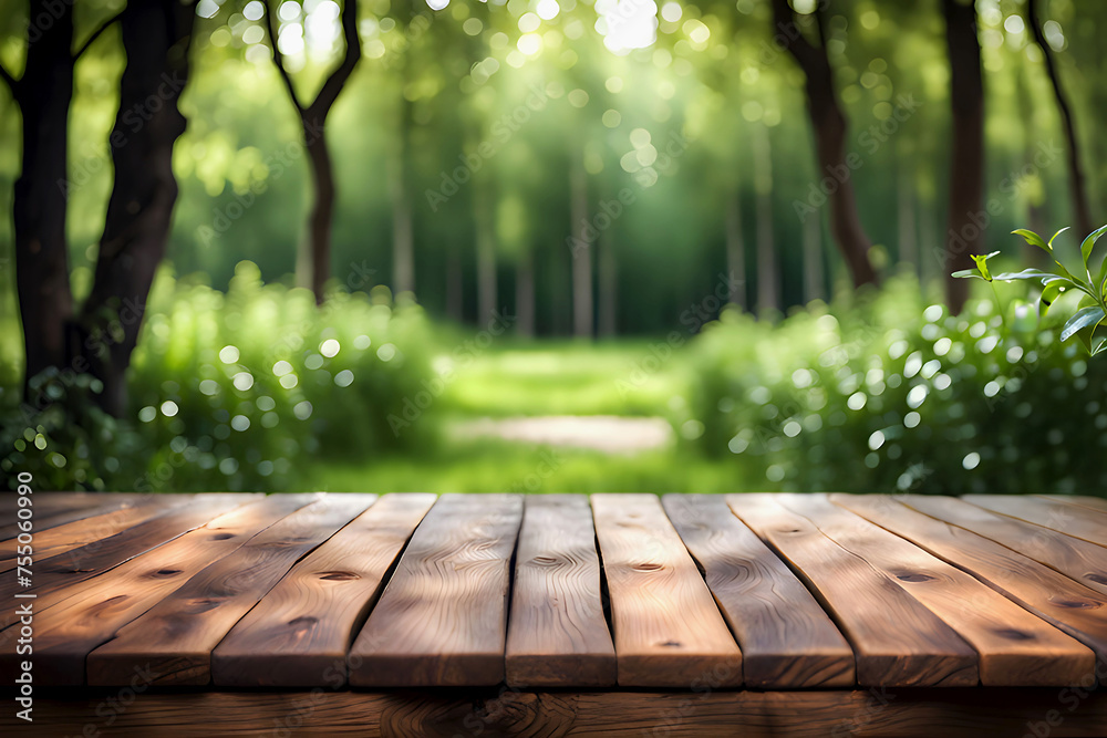 Empty wooden table on a blurred Rustic Forest green trees nature background. to showcase product. High quality digital photograph background Copy Space Empty wooden table on a blurred Rustic Forest green trees nature background. to showcase product. High quality digital photograph background Copy Space