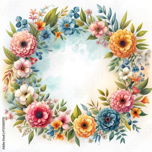 A circular arrangement of colorful flowers and leaves  creating a wreath-like shape on a watercolor background.