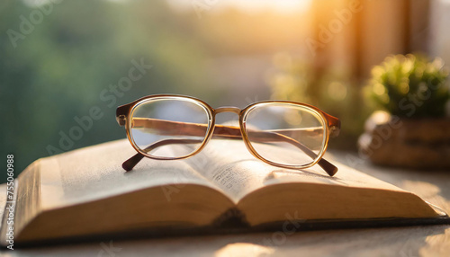 Reading glasses on book. Education concept. Blurred natural background.