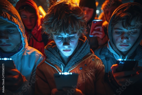 Concept of smartphonea addiction: children gathered in circle looking at phones