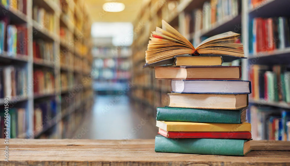 Stack of books on table with blurred library background. Stack of books on table with blurred library background.