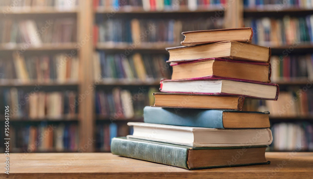 Stack of books on table with blurred library background. Stack of books on table with blurred library background.
