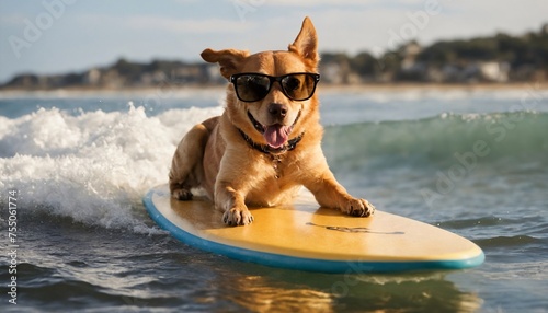 dog surfing on a surfboard wearing sunglasses at the ocean shore. © cinematri