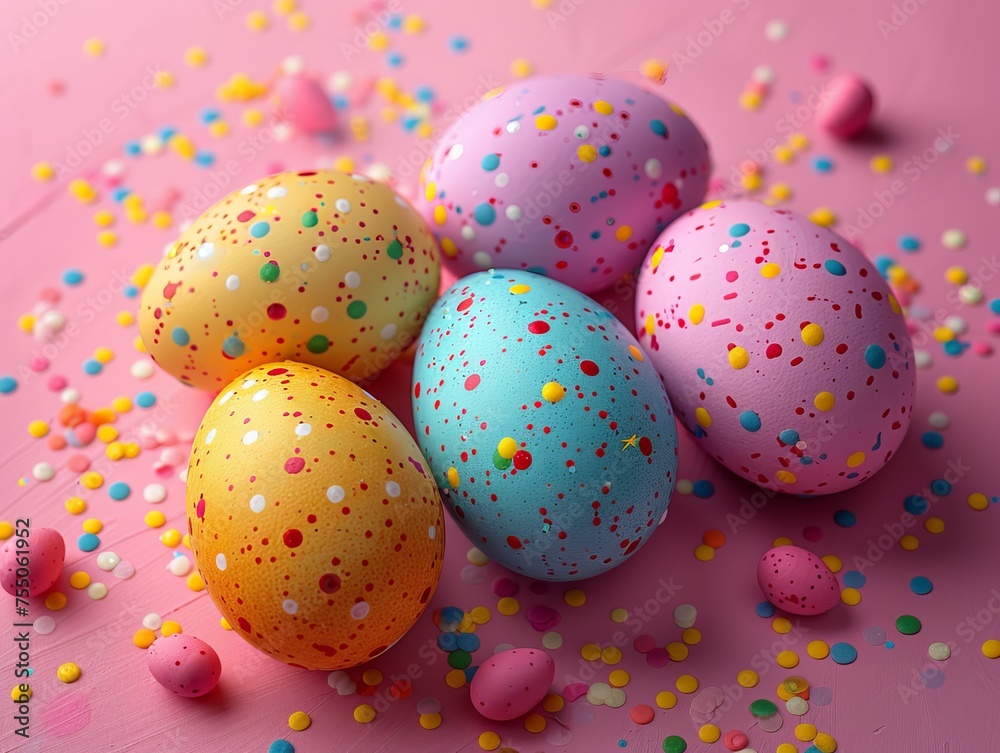Easter eggs on pink background with bold colors and shadows Easter eggs on pink background with bold colors and shadows