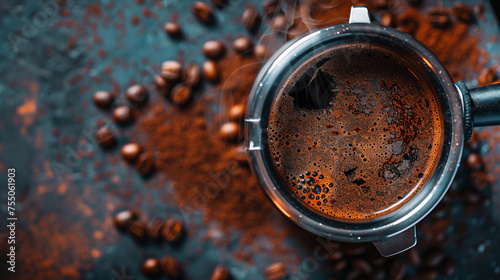 Detailed and atmospheric shot of coffee brewing in a French press, framed by whole coffee beans and vibrant blue surface