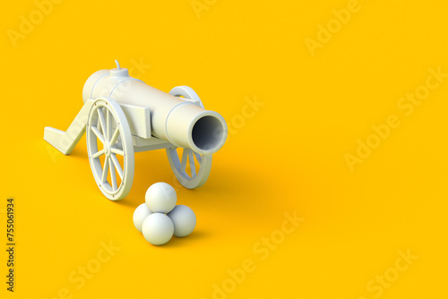 Ancient cannon with cannonballs on orange background. Old weapon. Antique artillery on wheels. Vintage firearm. Civil war reenactment. Copy space. 3d render photo