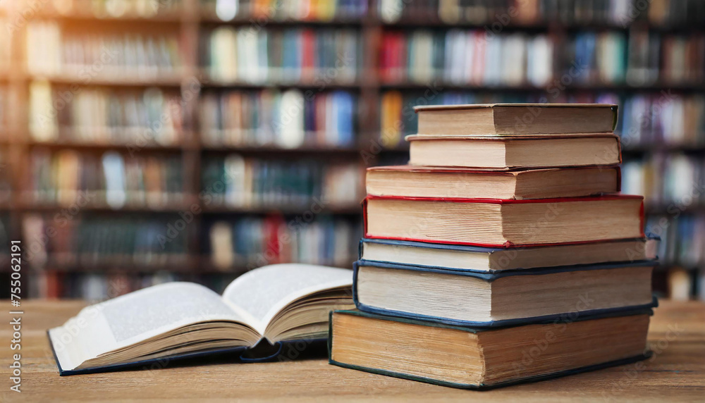 Stack of books on table with blurred library background. Stack of books on table with blurred library background.