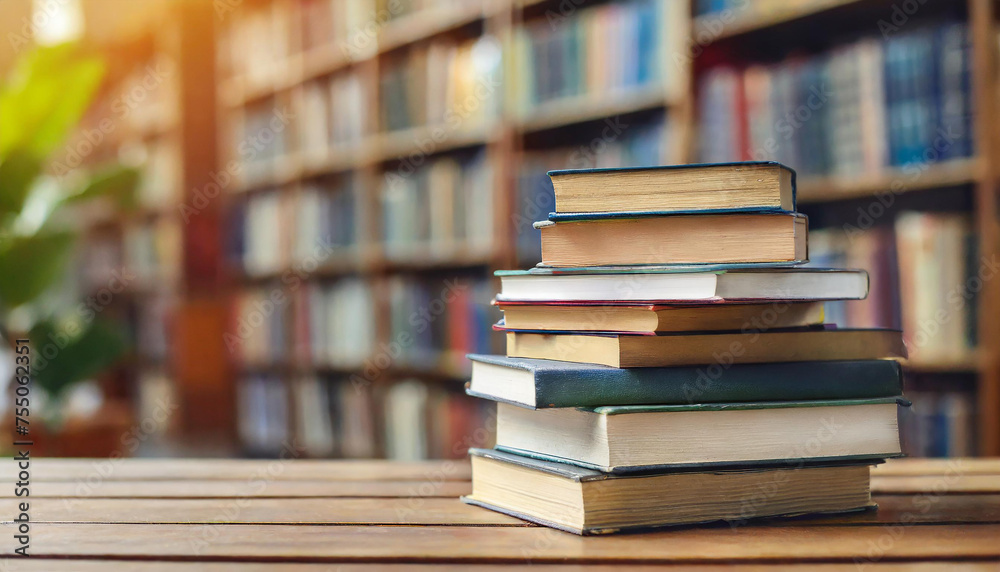Stack of books on table with blurred library background. Stack of books on table with blurred library background.