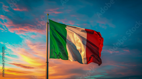 Italy flag against a beautiful northern sky with magnificent clouds at sunset, NATO summit in Europe, participant flags