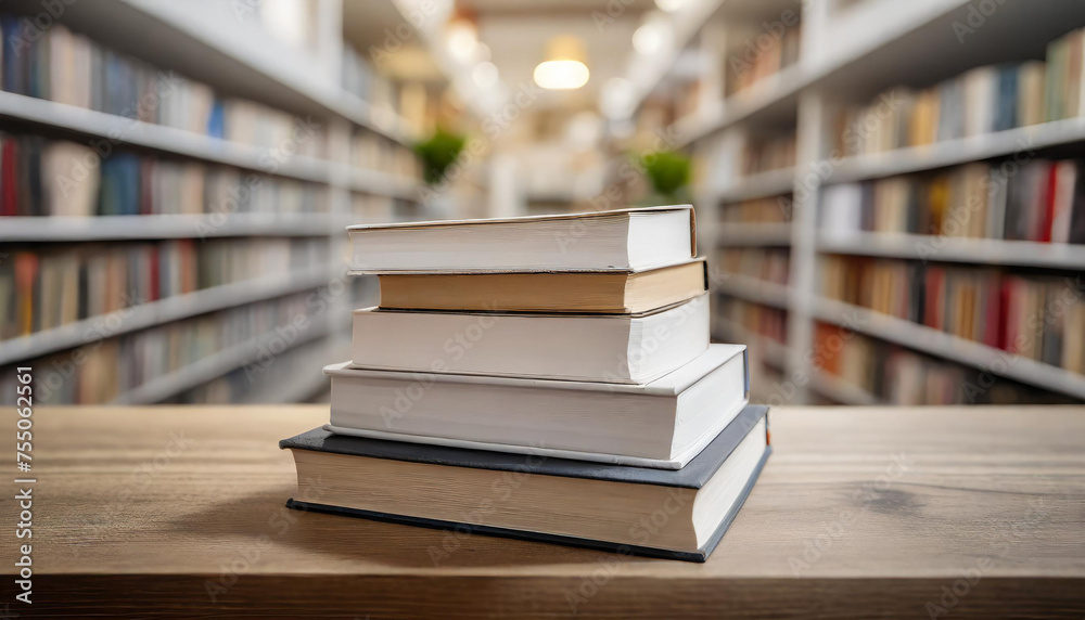 Stack of books on table with blurred library background. Stack of books on table with blurred library background.