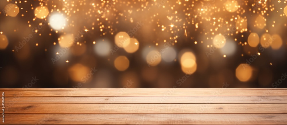 A wooden table is shown against a background of blurry lights, creating a soft and atmospheric ambiance. The tables texture and color stand out against the gentle, defocused lights in the background.
