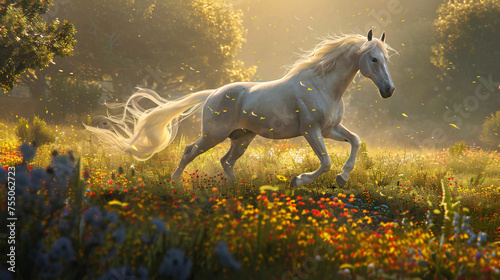 Regal Arabian horse prancing in a sunlit meadow