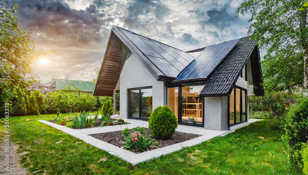 New modern eco friendly passive house with solar panels on the gable roof and photovoltaic system on the roof and landscaped yard. New modern eco friendly passive house with solar panels on the gable roof and photovoltaic system on the roof and landscaped yard.