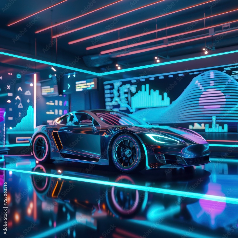 Futuristic lab with a fusion of technology and finance neon graphs floating above devices reflecting off a sleek car surface